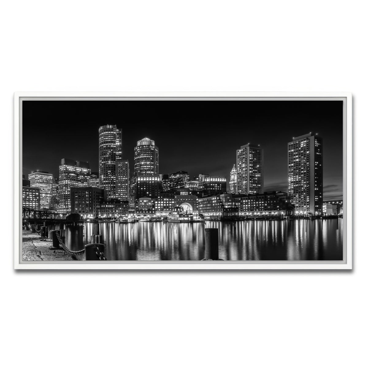 AUTO-MOCKUP WHITE | BOSTON Monochrome Skyline Night | 1 Piece | White Framed Canvas | group=2x1