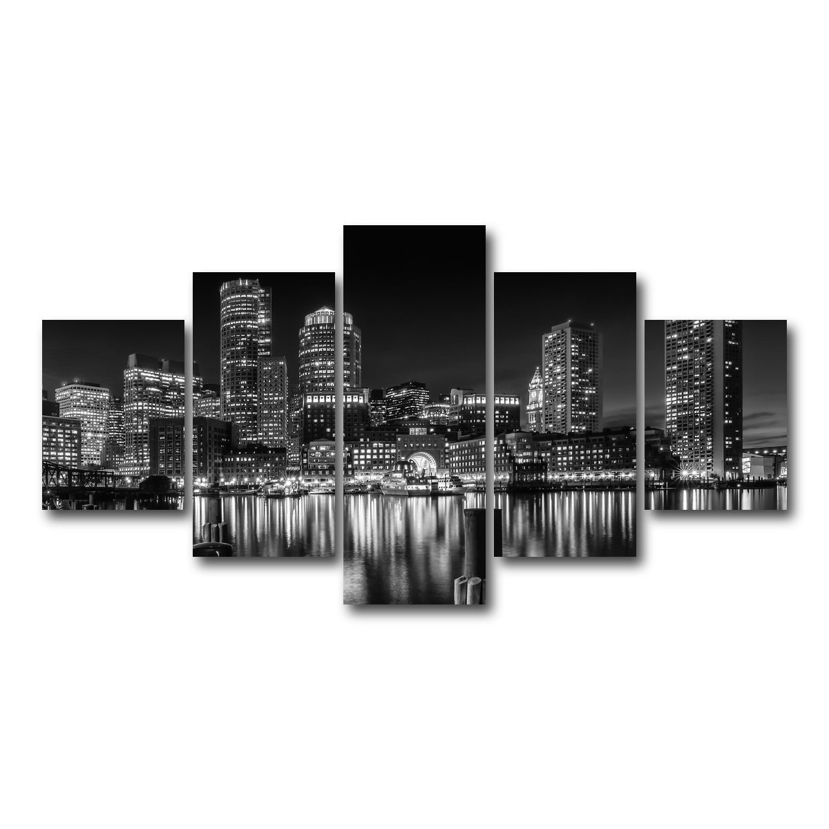 AUTO-MOCKUP WHITE | BOSTON Monochrome Skyline Night | 5 Piece | Gallery Wrap Canvas | group=5_short