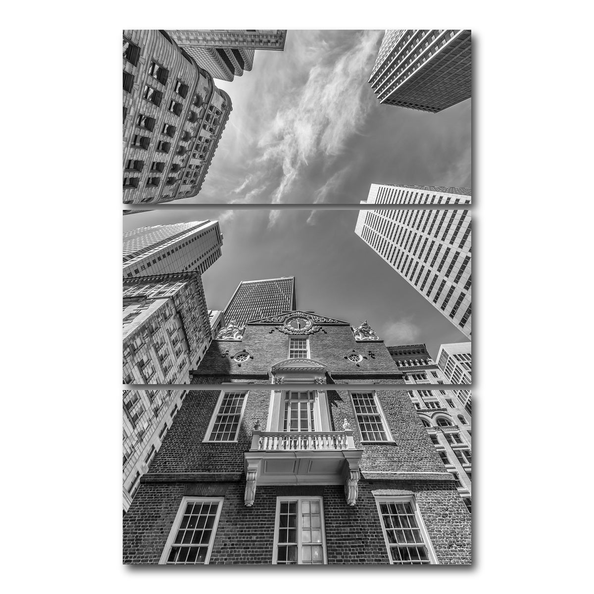 AUTO-MOCKUP WHITE | BOSTON Old State House Monochrome | 3 Piece | Gallery Wrap Canvas | group=12x24_stacked