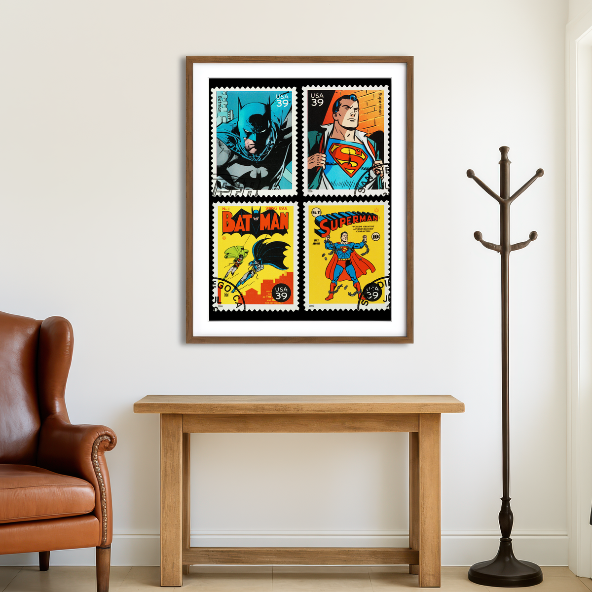 AUTO-MOCKUP ROOM | Batman and Superman Postage Stamps Wall Art
