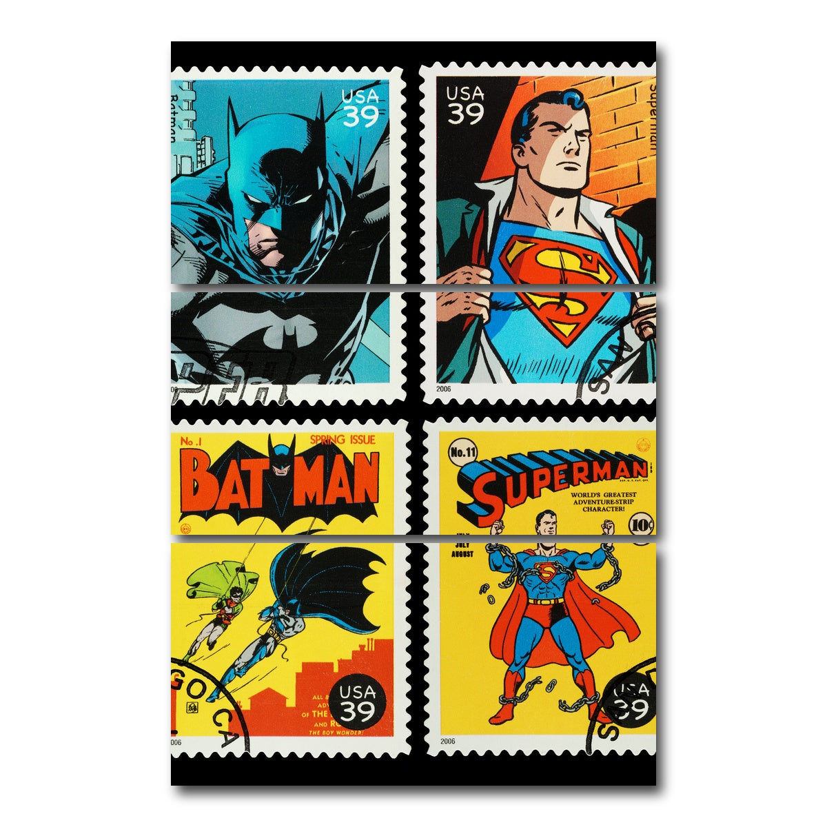 AUTO-MOCKUP WHITE | Batman and Superman Postage Stamps | 3 Piece | Gallery Wrap Canvas | group=12x24_stacked