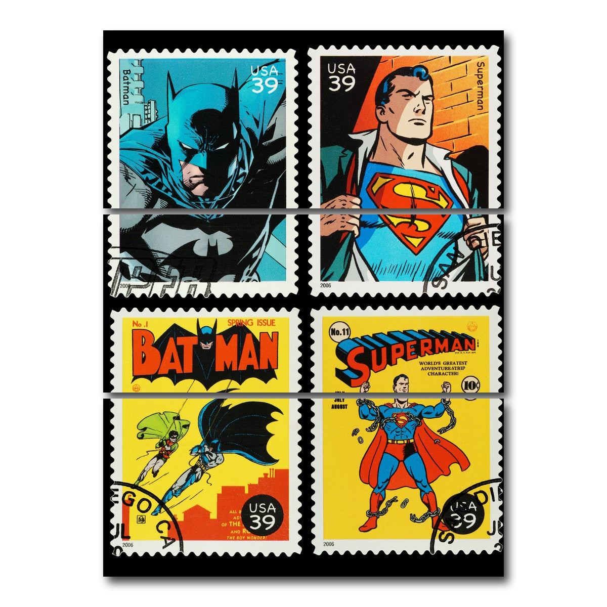 AUTO-MOCKUP WHITE | Batman and Superman Postage Stamps | 3 Piece | Gallery Wrap Canvas | group=8x18_stacked