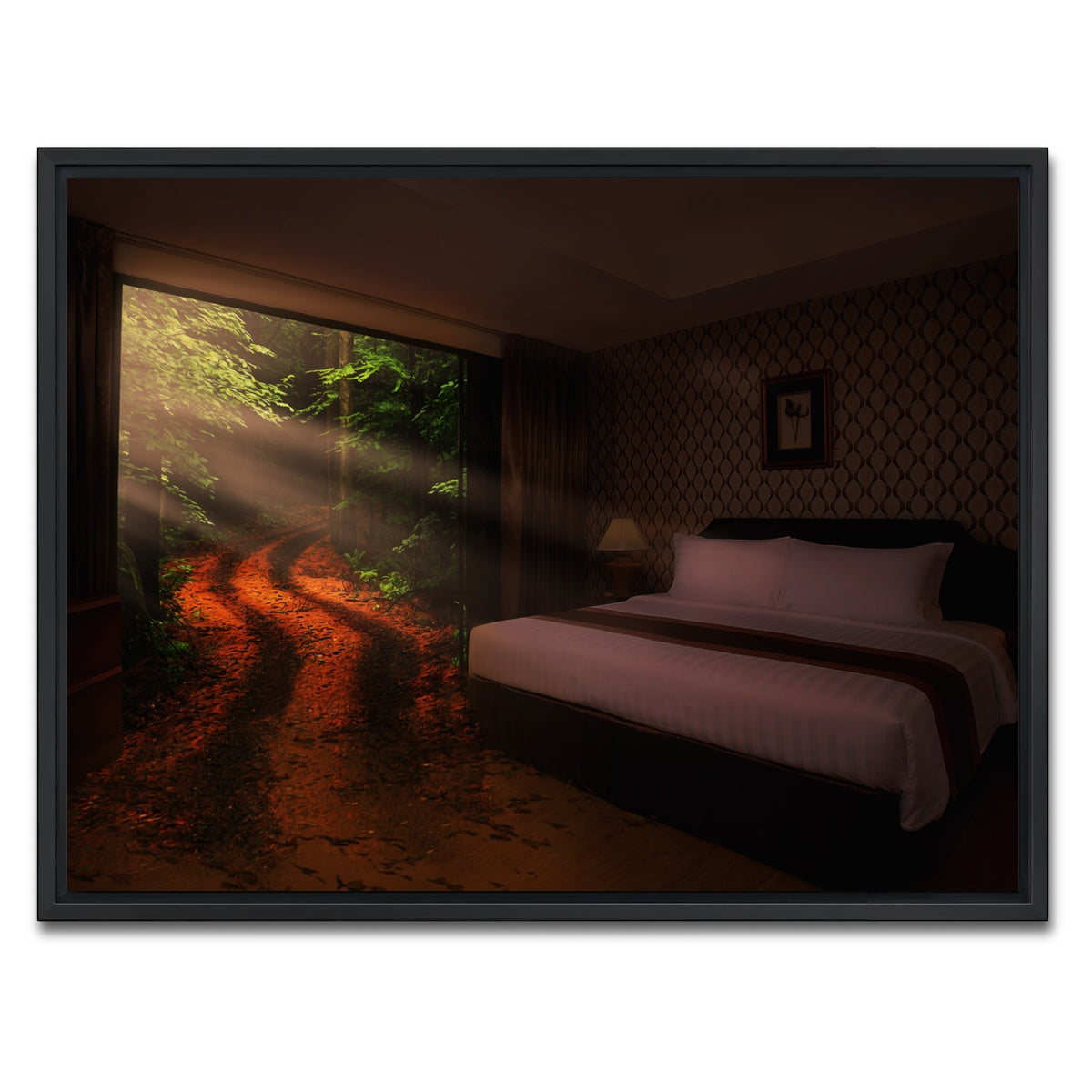AUTO-MOCKUP WHITE | Bedroom in the Forest | 1 Piece | Black Framed Canvas | group=4x3