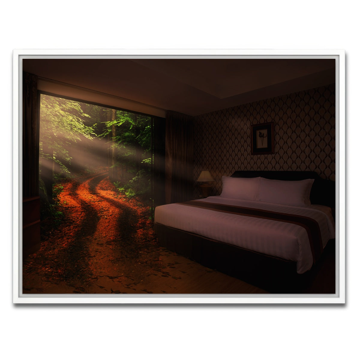 AUTO-MOCKUP WHITE | Bedroom in the Forest | 1 Piece | White Framed Canvas | group=4x3