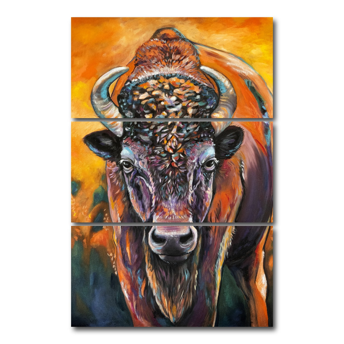 AUTO-MOCKUP WHITE | Bison Oil Painting | 3 Piece | Gallery Wrap Canvas | group=12x24_stacked