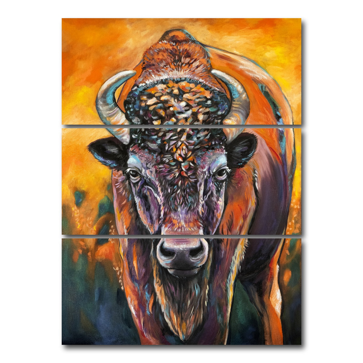 AUTO-MOCKUP WHITE | Bison Oil Painting | 3 Piece | Gallery Wrap Canvas | group=8x18_stacked
