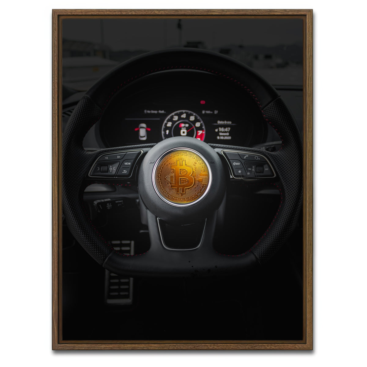AUTO-MOCKUP WHITE | Bitcoin car steering | 1 Piece | Walnut Framed Canvas | group=3x4