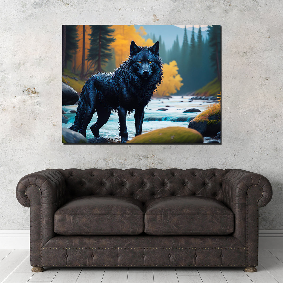 Black Wolf by the River Wall Art