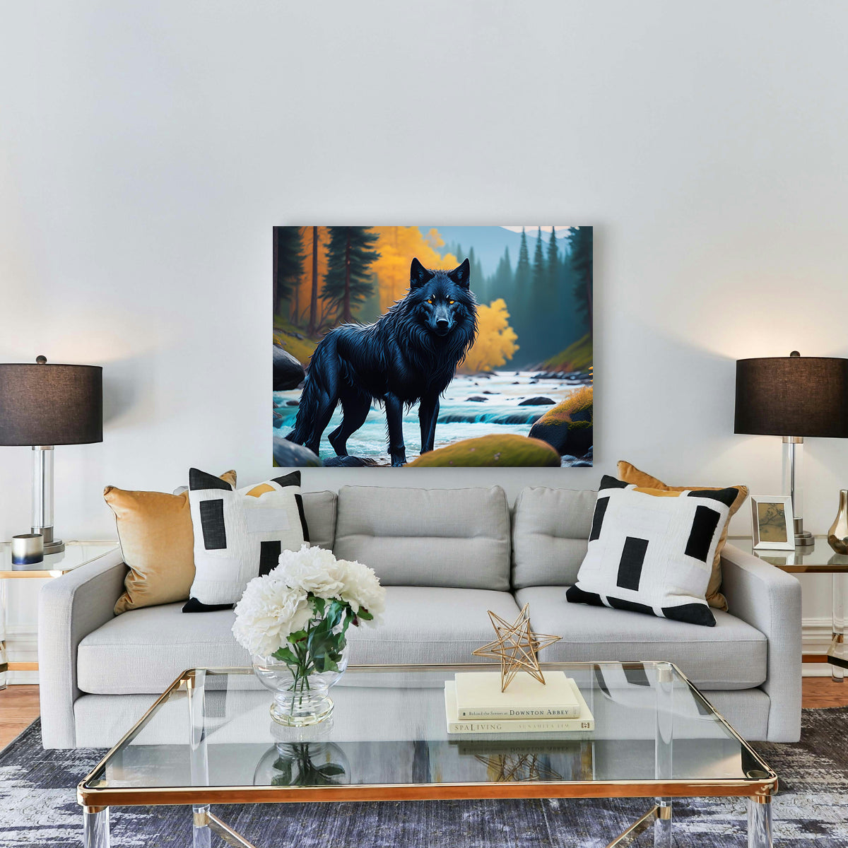 Black Wolf by the River Wall Art