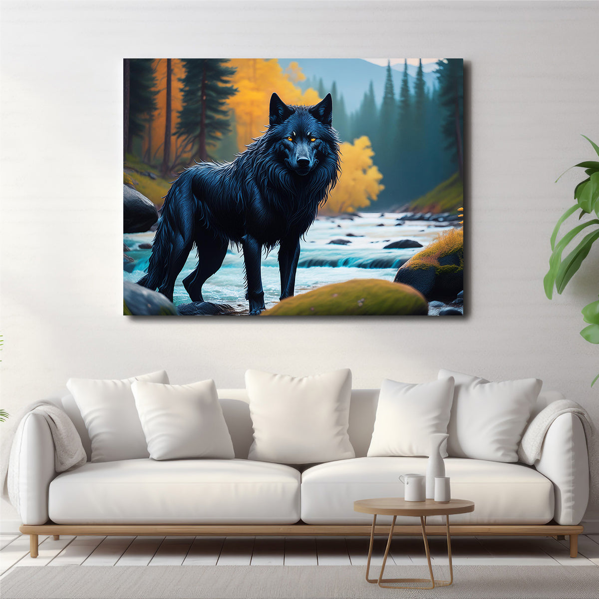 Black Wolf by the River Wall Art