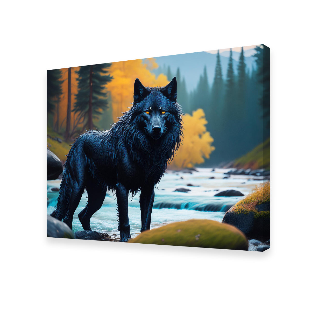 Black Wolf by the River Wall Art