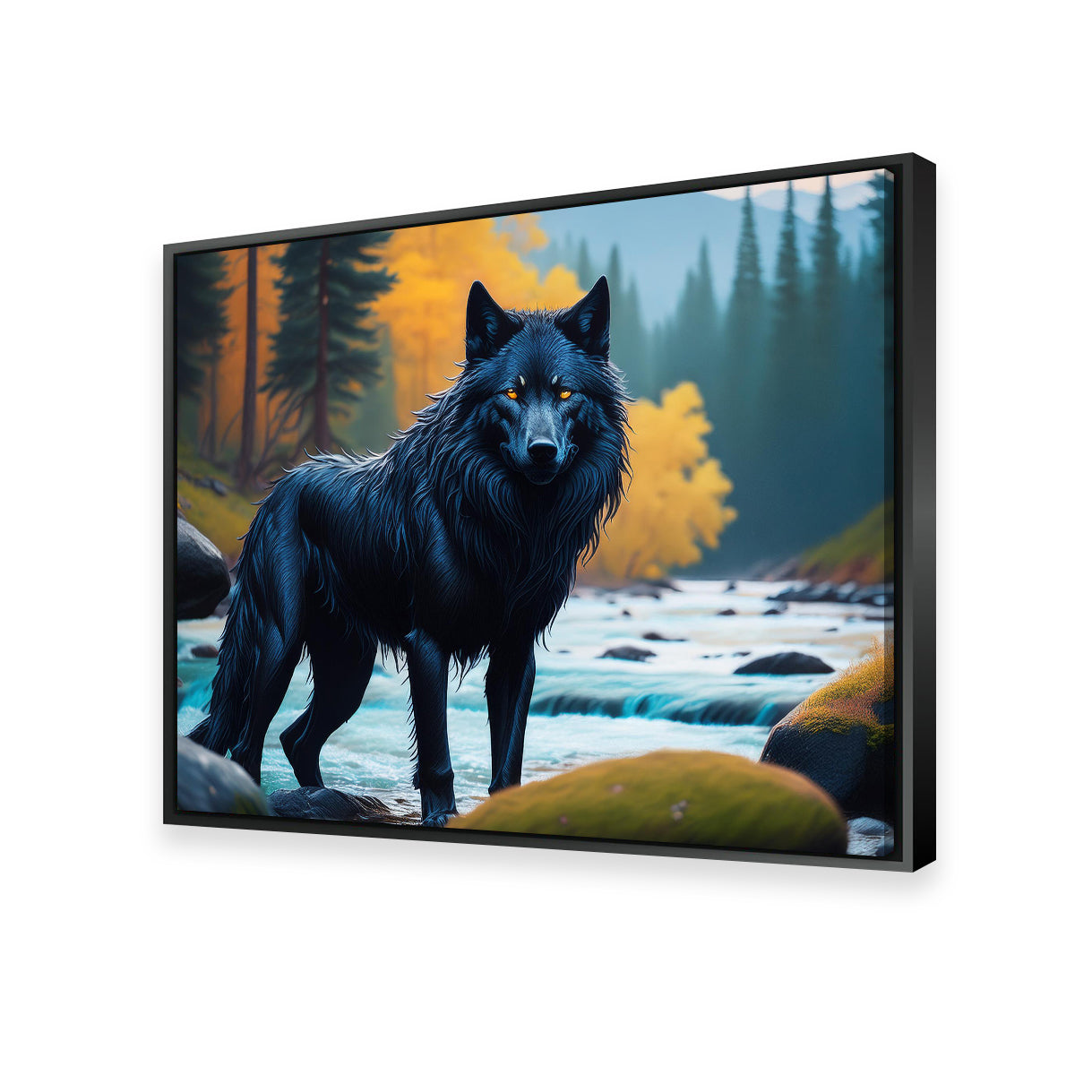 Black Wolf by the River Wall Art