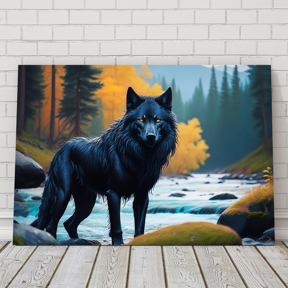 Black Wolf by the River Wall Art