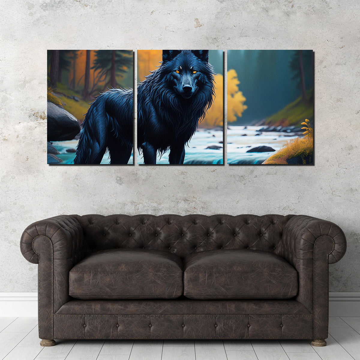 Black Wolf by the River Wall Art