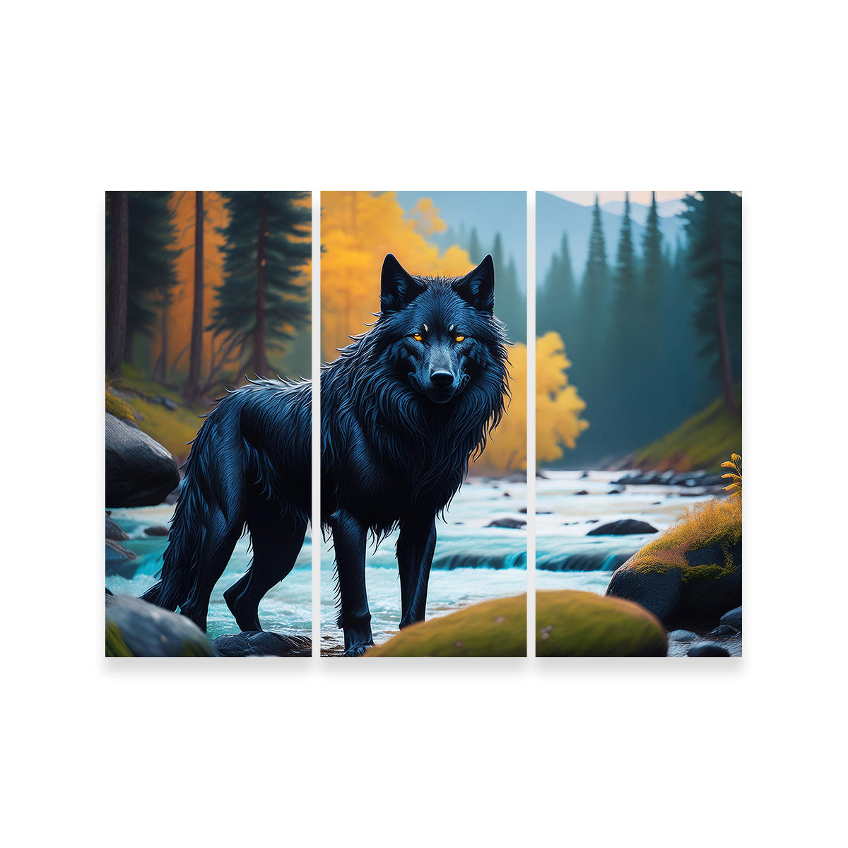 Black Wolf by the River Wall Art