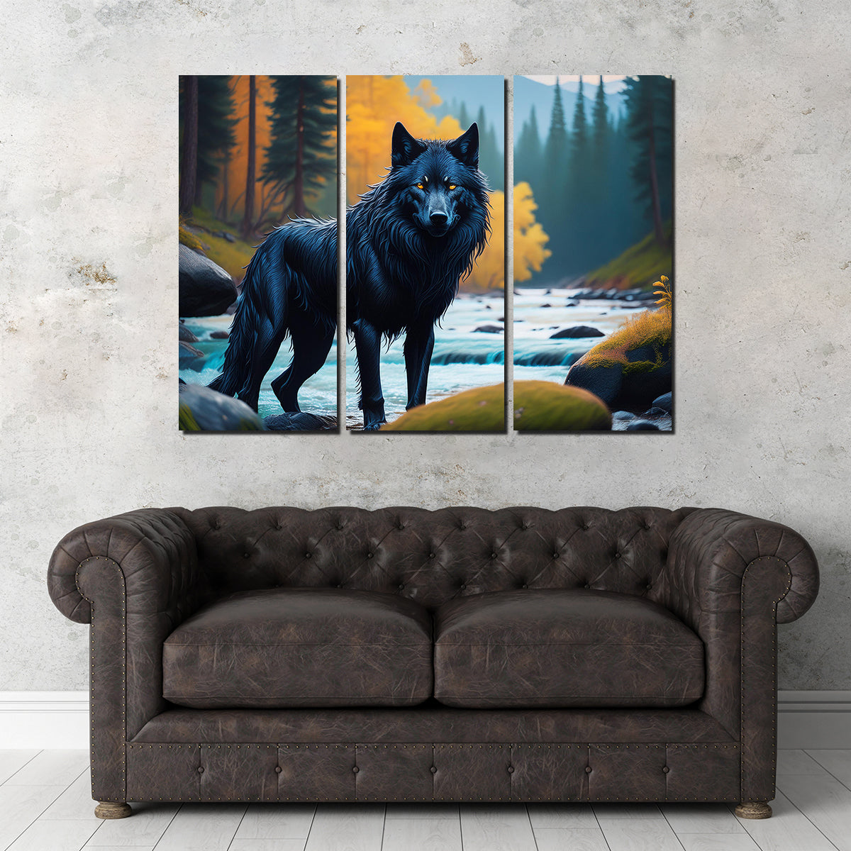 Black Wolf by the River Wall Art