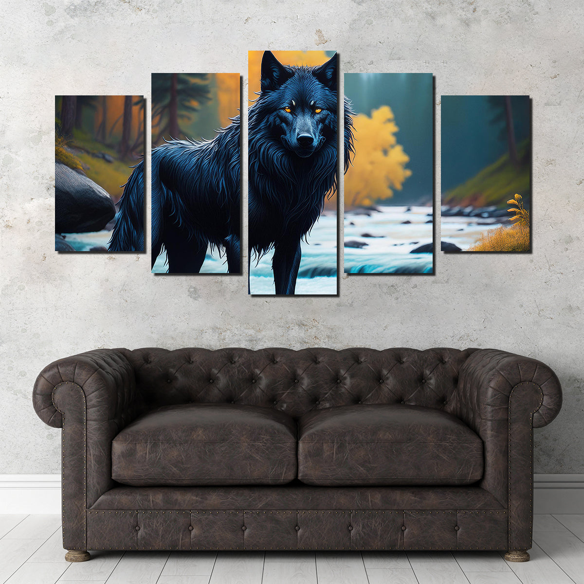 Black Wolf by the River Wall Art