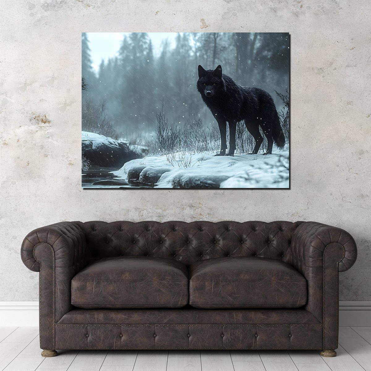 Black Wolf in Snowy Forest Wall Art