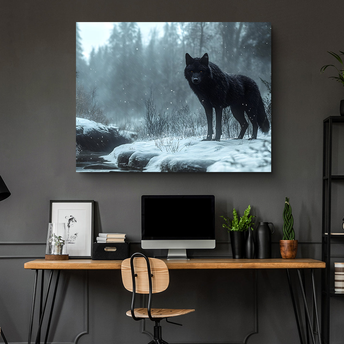 Black Wolf in Snowy Forest Wall Art