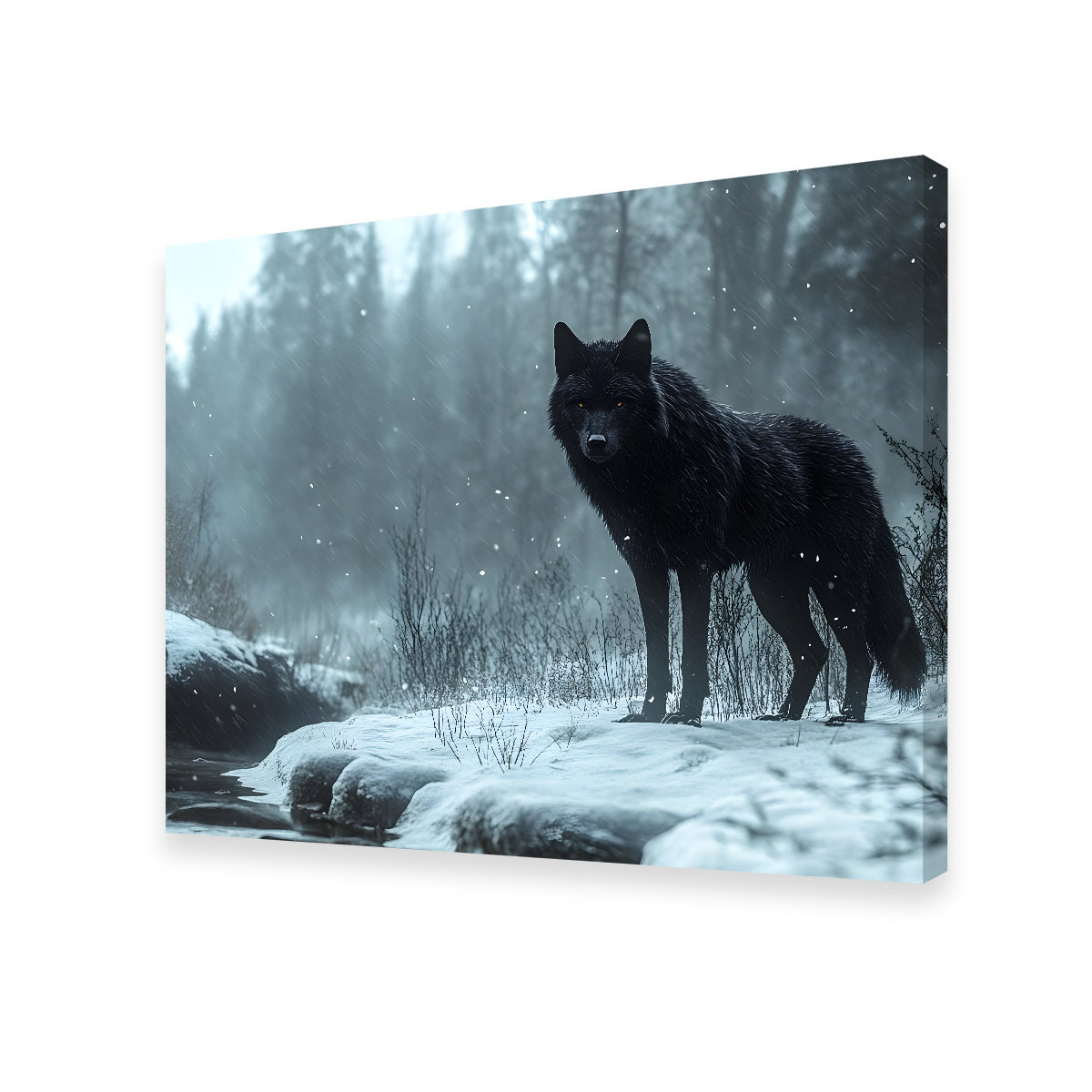 Black Wolf in Snowy Forest Wall Art