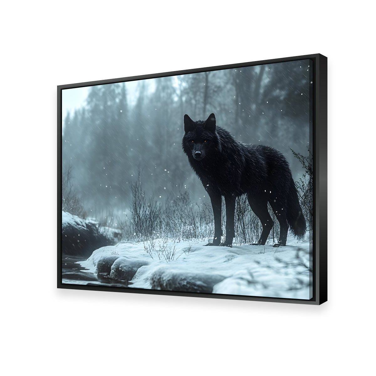 Black Wolf in Snowy Forest Wall Art