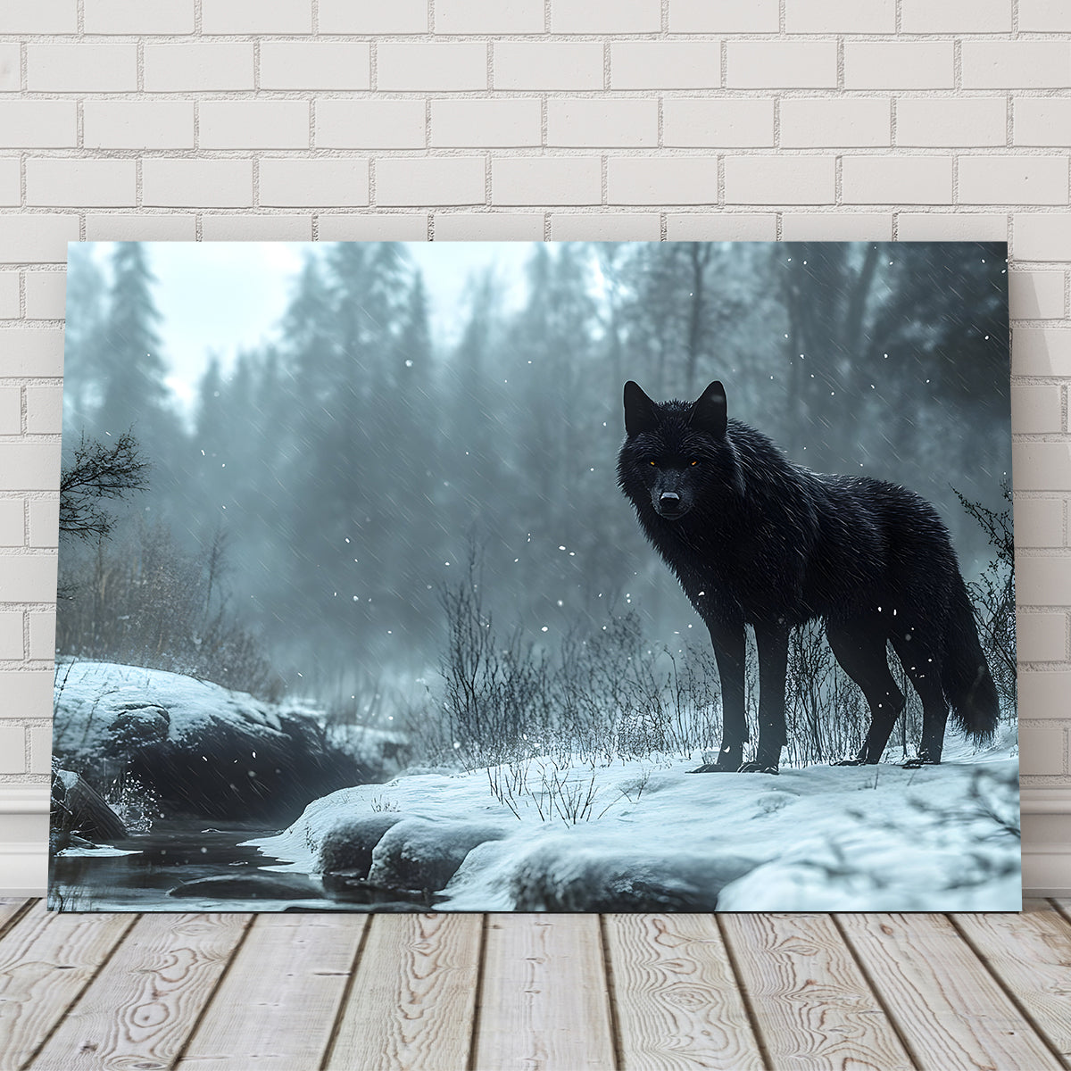 Black Wolf in Snowy Forest Wall Art