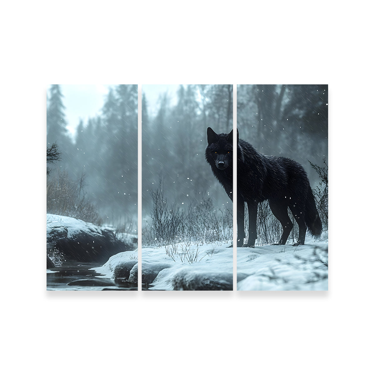 Black Wolf in Snowy Forest Wall Art
