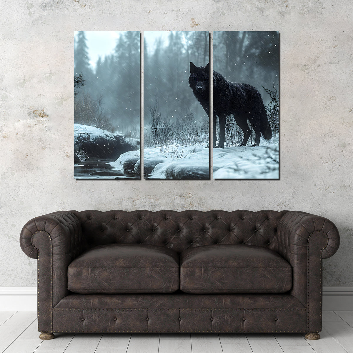 Black Wolf in Snowy Forest Wall Art