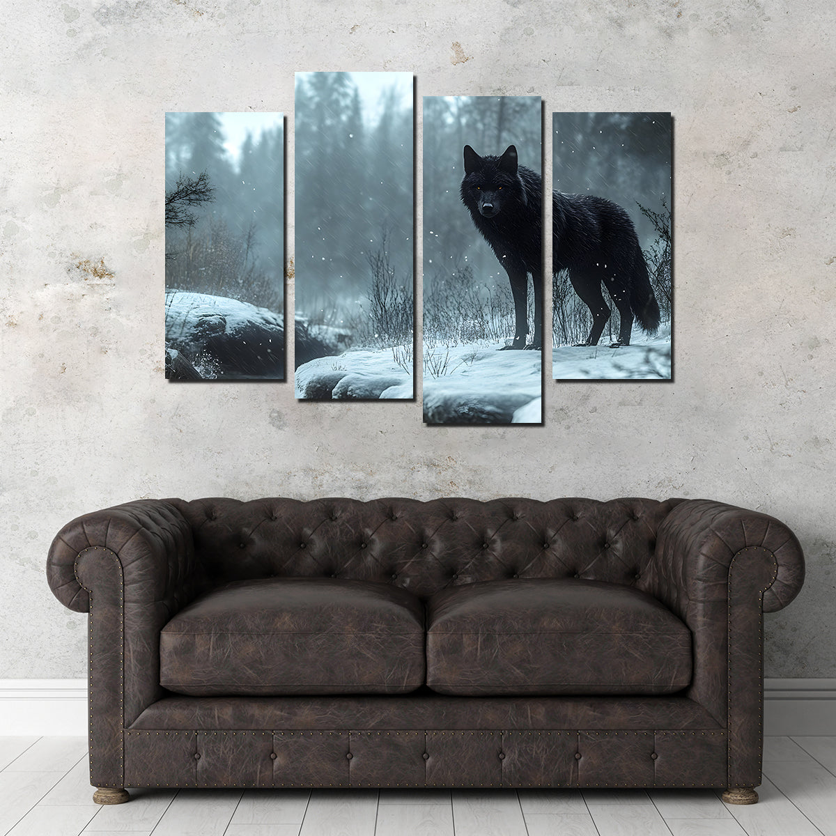 Black Wolf in Snowy Forest Wall Art