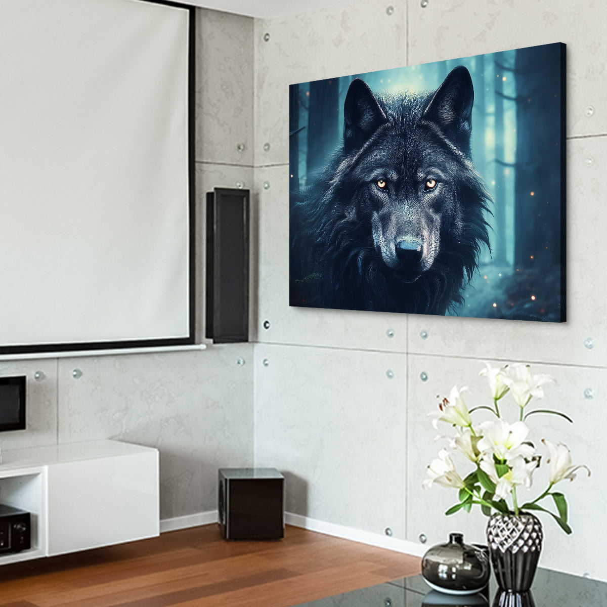 Black Wolf in Woods Wall Art