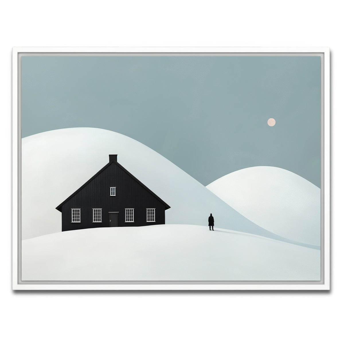 AUTO-MOCKUP WHITE | Black House in Snow | 1 Piece | White Framed Canvas | group=4x3