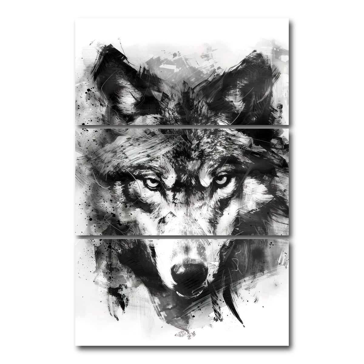 AUTO-MOCKUP WHITE | Black & White Wolf | 3 Piece | Gallery Wrap Canvas | group=12x24_stacked