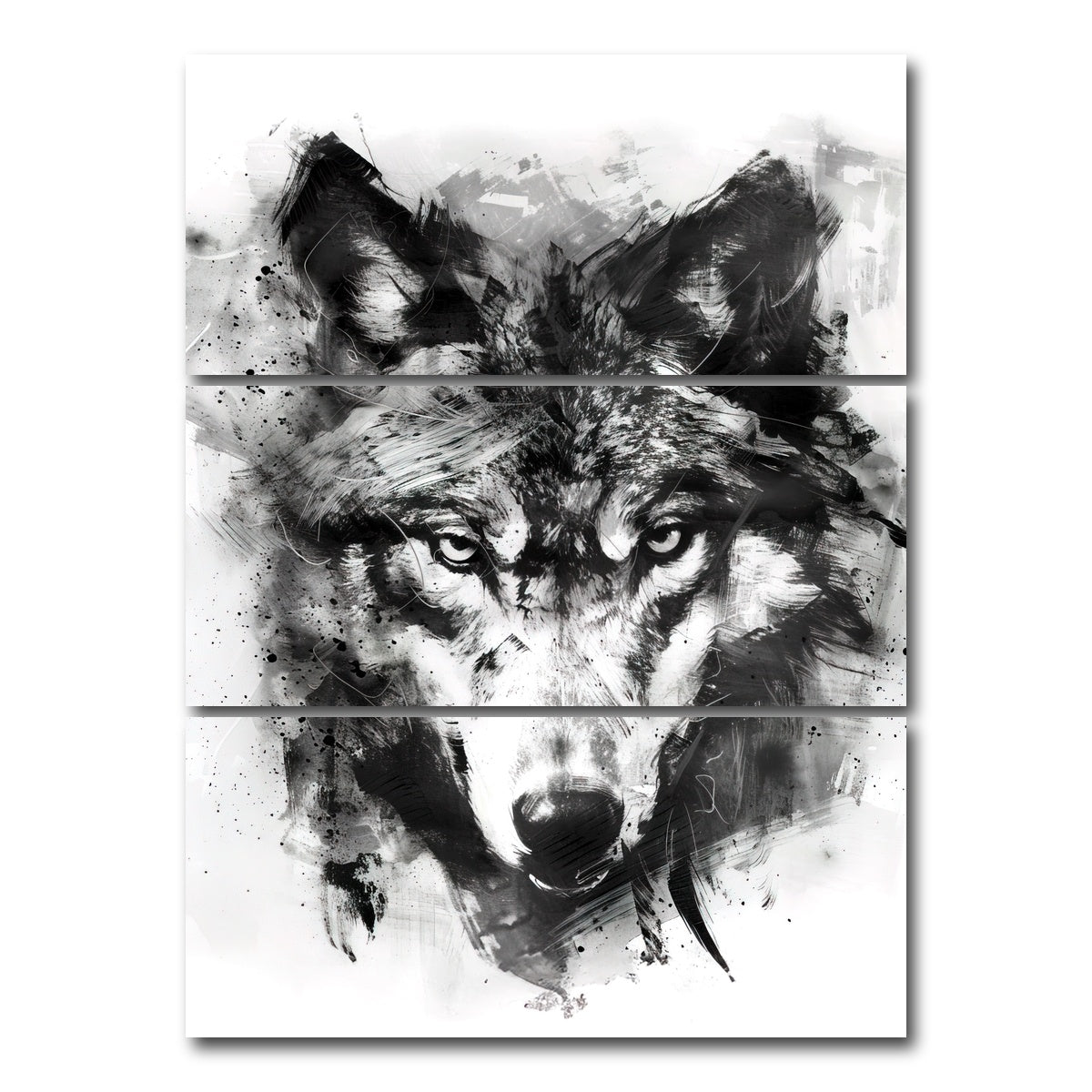 AUTO-MOCKUP WHITE | Black & White Wolf | 3 Piece | Gallery Wrap Canvas | group=8x18_stacked