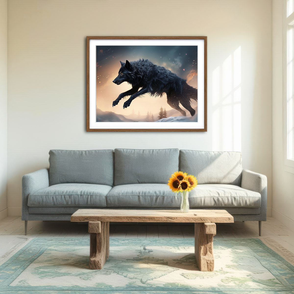 AUTO-MOCKUP ROOM | Black Wolf Jumping Wall Art