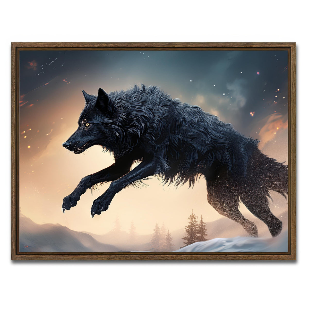 AUTO-MOCKUP WHITE | Black Wolf Jumping | 1 Piece | Walnut Framed Canvas | group=4x3