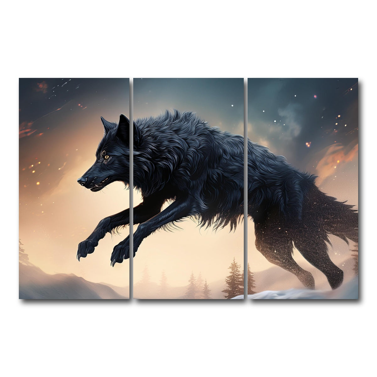 AUTO-MOCKUP WHITE | Black Wolf Jumping | 3 Piece | Gallery Wrap Canvas | group=12x24