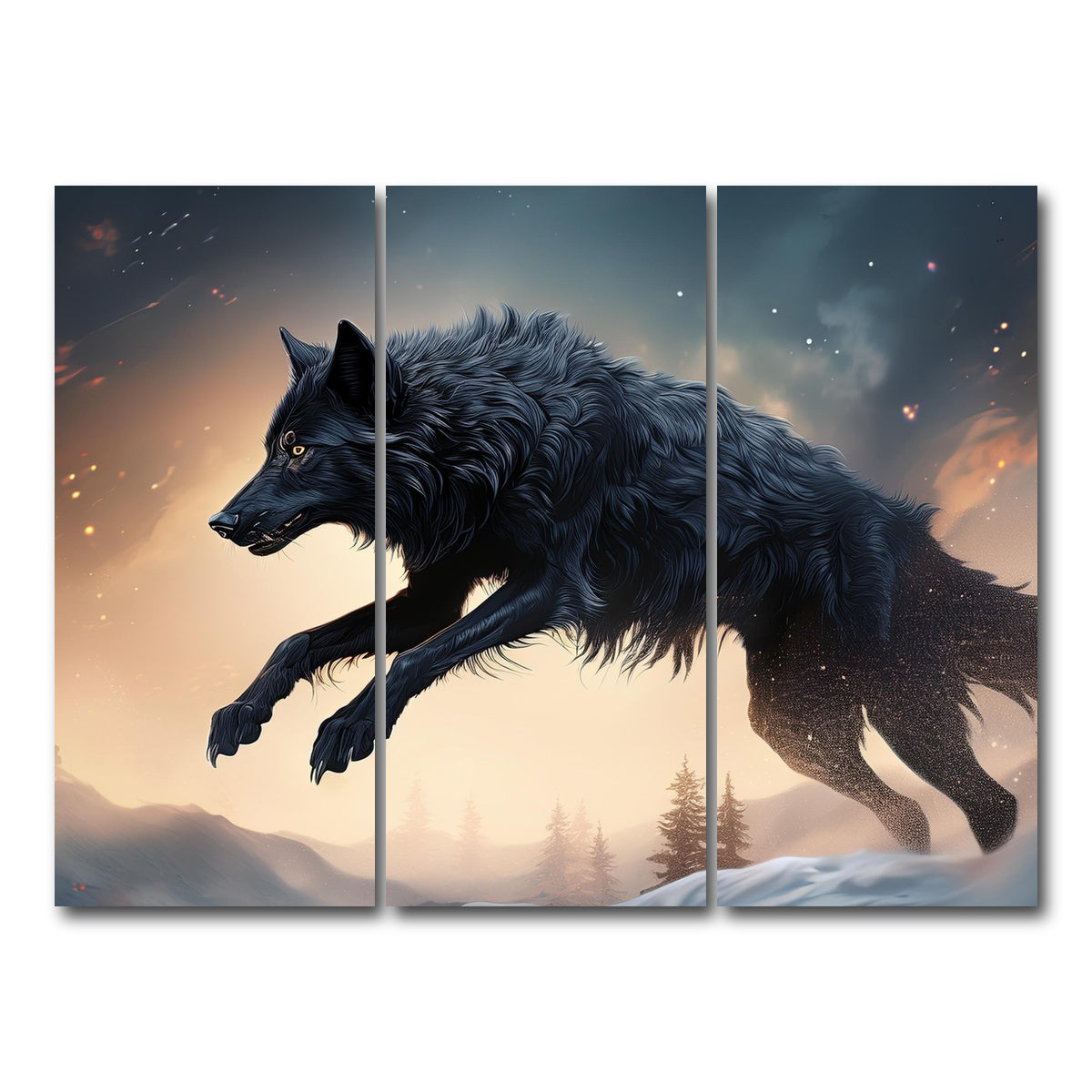 AUTO-MOCKUP WHITE | Black Wolf Jumping | 3 Piece | Gallery Wrap Canvas | group=8x18