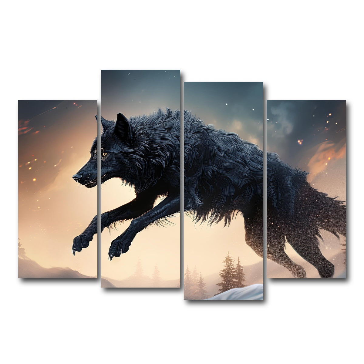 AUTO-MOCKUP WHITE | Black Wolf Jumping | 4 Piece | Gallery Wrap Canvas | group=4_normal