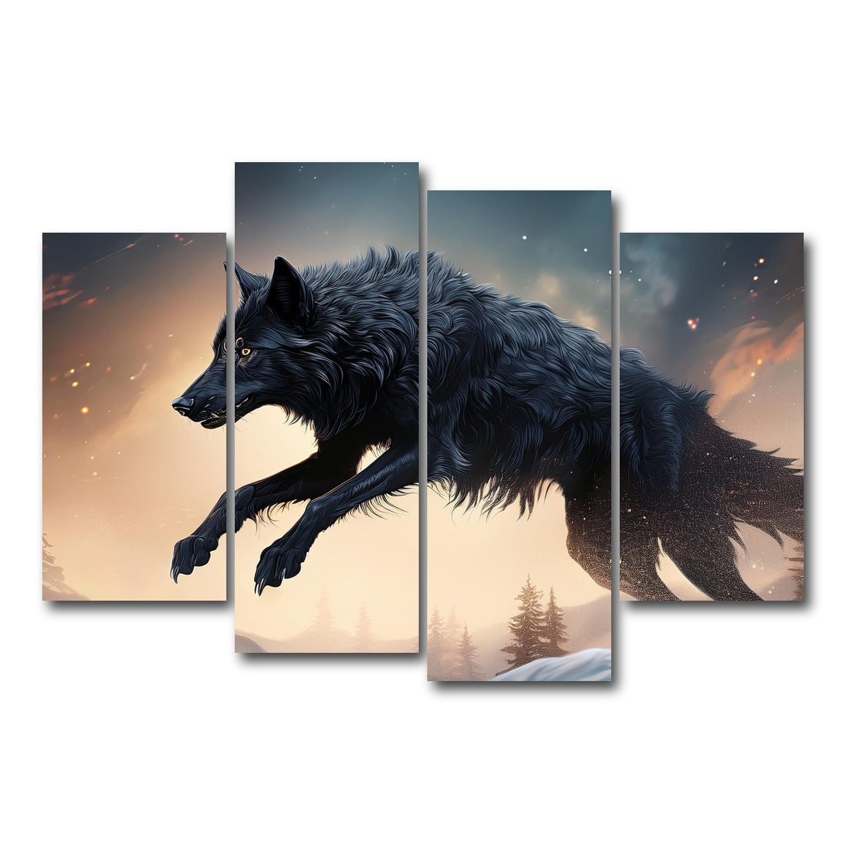 AUTO-MOCKUP WHITE | Black Wolf Jumping | 4 Piece | Gallery Wrap Canvas | group=4_short
