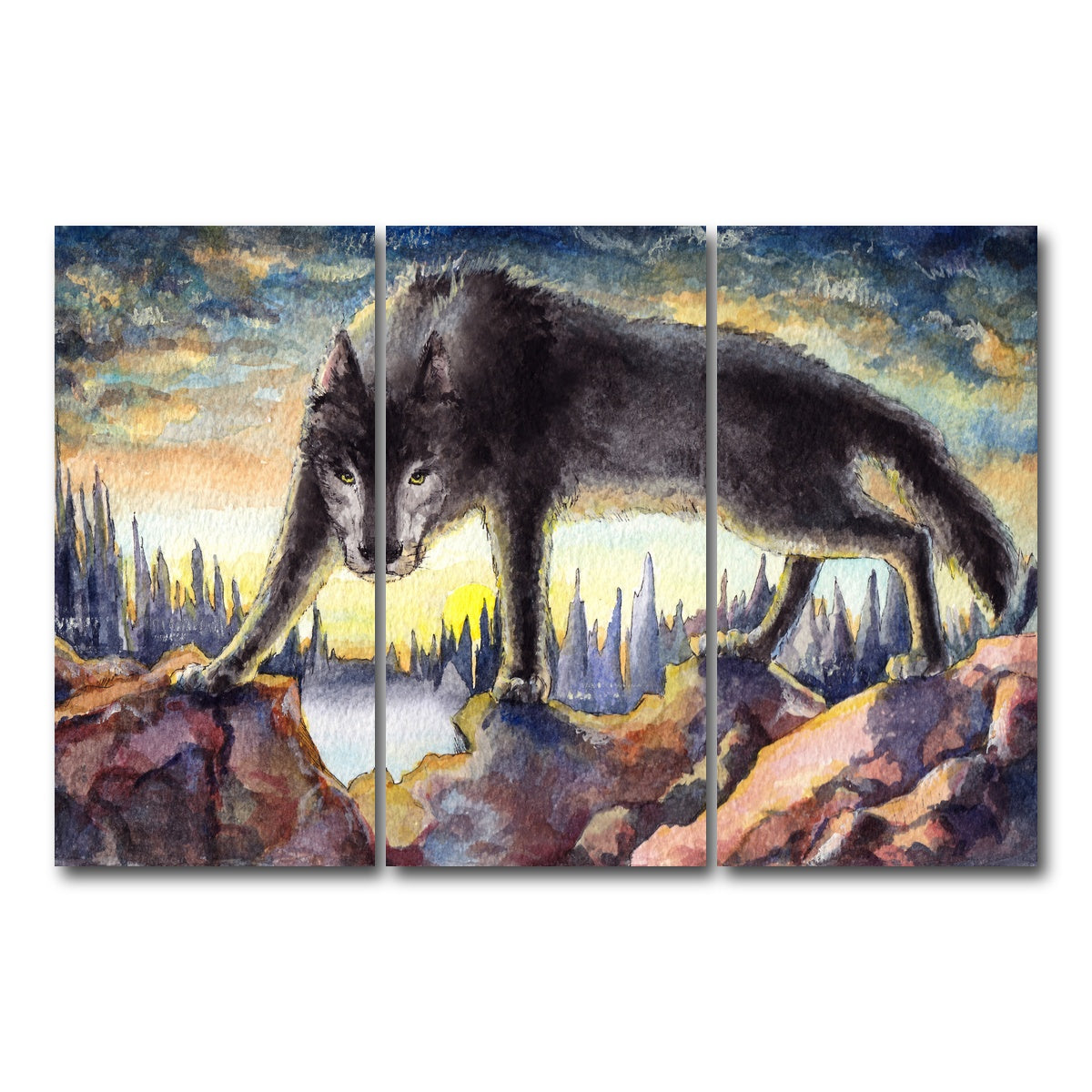 AUTO-MOCKUP WHITE | Black Wolf Painting | 3 Piece | Gallery Wrap Canvas | group=12x24