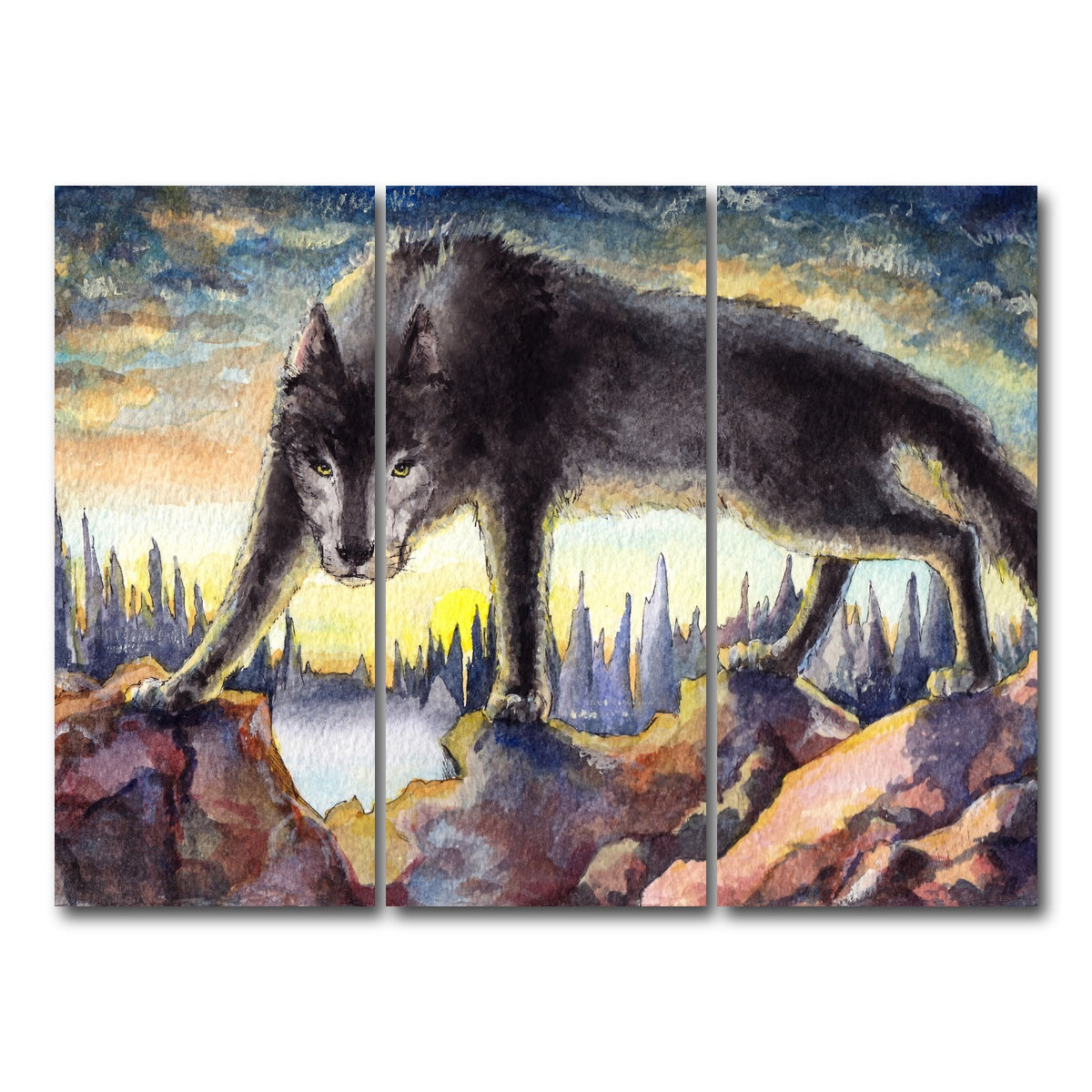 AUTO-MOCKUP WHITE | Black Wolf Painting | 3 Piece | Gallery Wrap Canvas | group=8x18