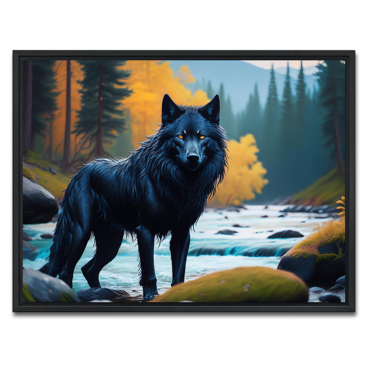 AUTO-MOCKUP WHITE | Black Wolf by the river | 1 Piece | Black Framed Canvas | group=4x3