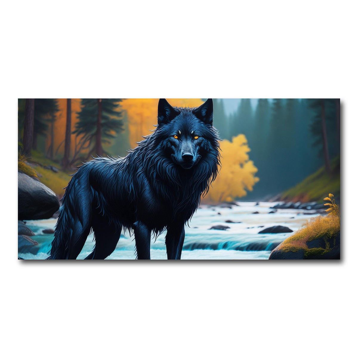 AUTO-MOCKUP WHITE | Black Wolf by the river | 1 Piece | Gallery Wrap Canvas | group=2x1
