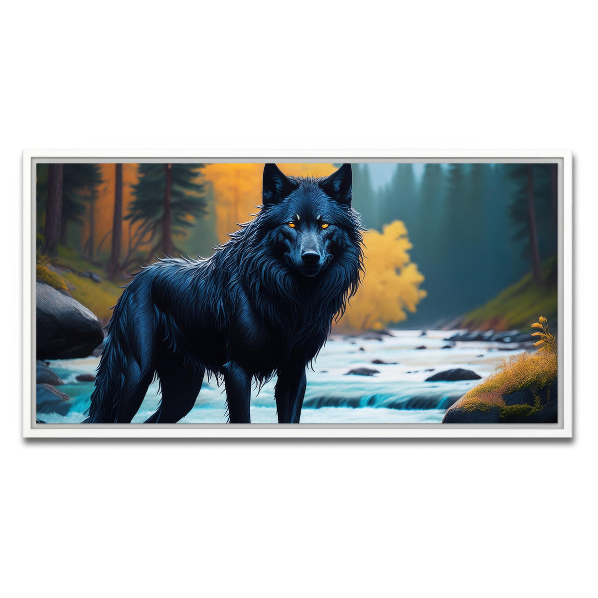 AUTO-MOCKUP WHITE | Black Wolf by the river | 1 Piece | White Framed Canvas | group=2x1