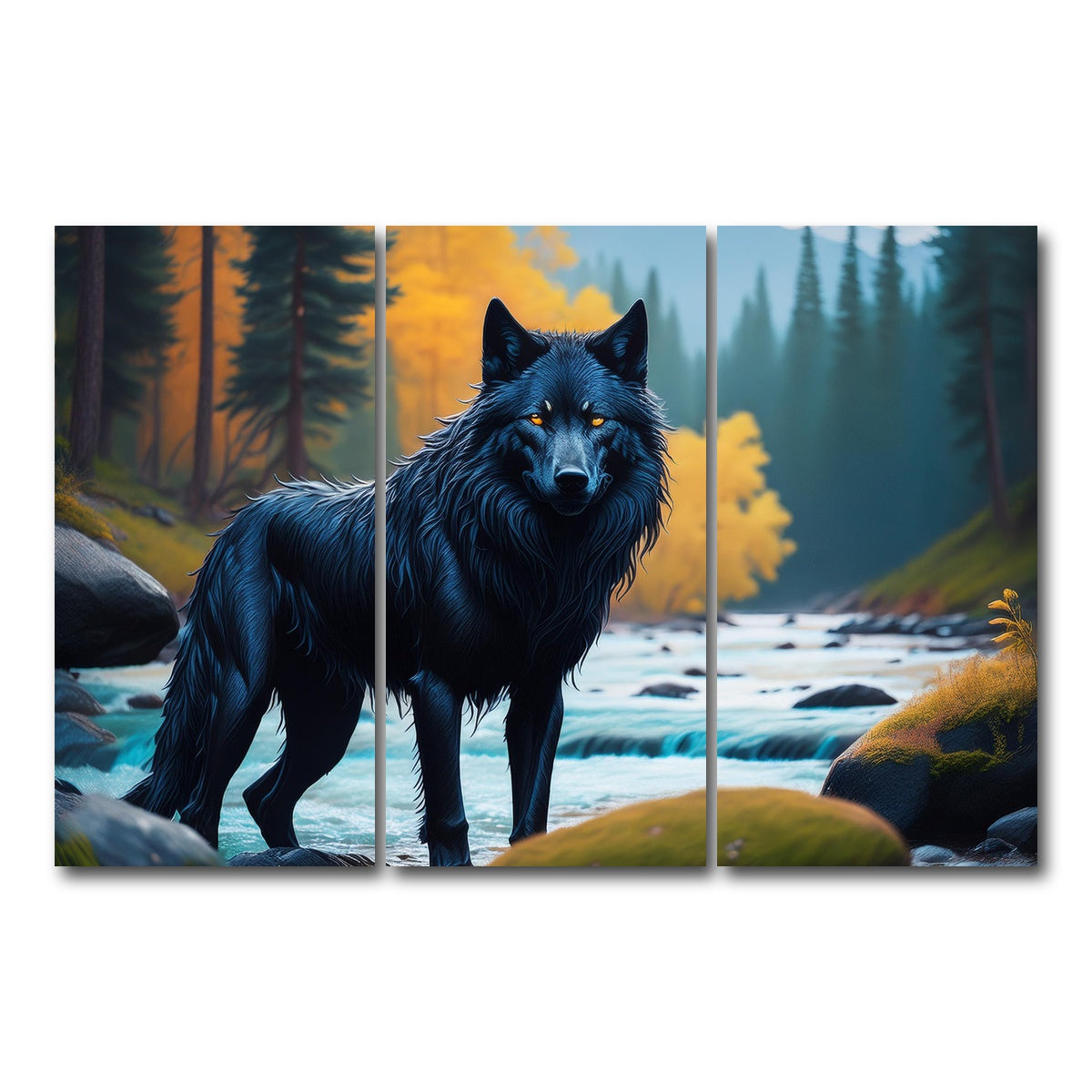 AUTO-MOCKUP WHITE | Black Wolf by the river | 3 Piece | Gallery Wrap Canvas | group=12x24