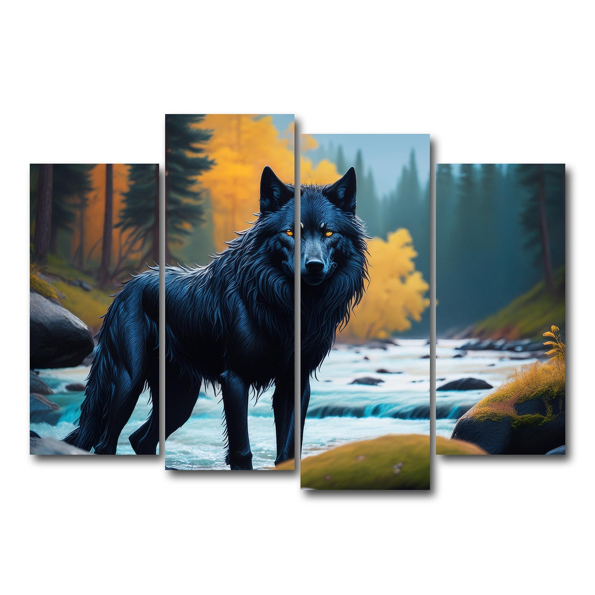 AUTO-MOCKUP WHITE | Black Wolf by the river | 4 Piece | Gallery Wrap Canvas | group=4_normal