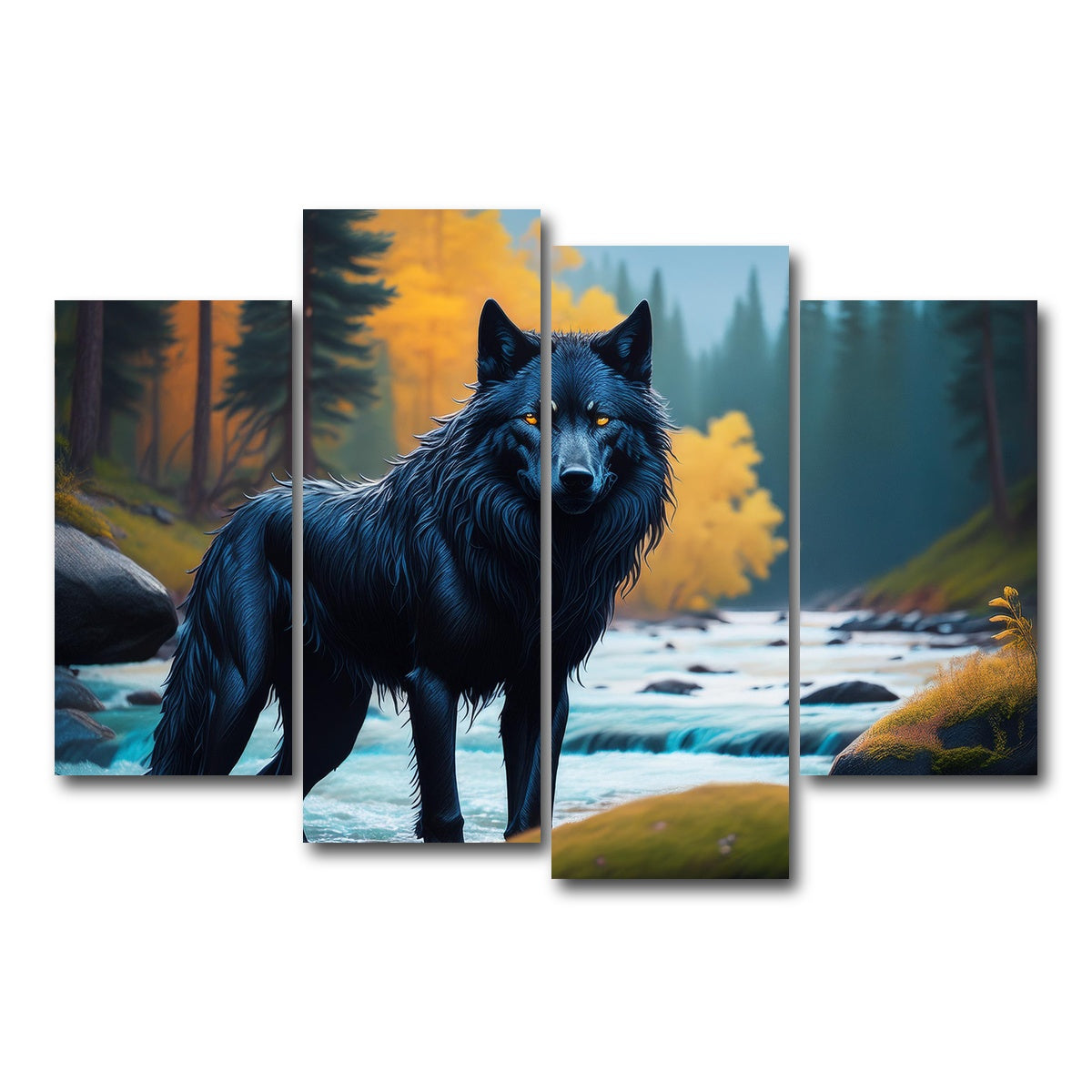 AUTO-MOCKUP WHITE | Black Wolf by the river | 4 Piece | Gallery Wrap Canvas | group=4_short