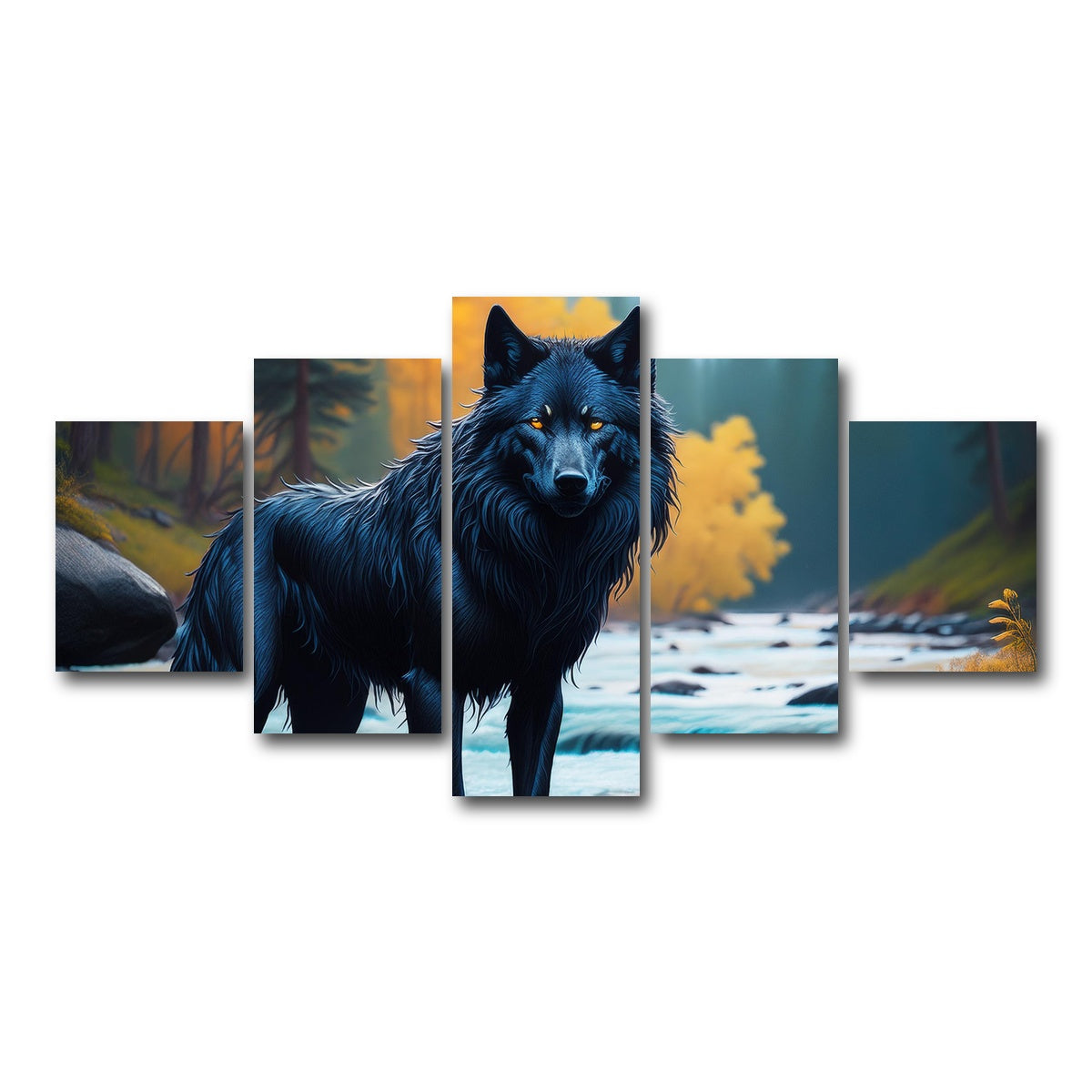 AUTO-MOCKUP WHITE | Black Wolf by the river | 5 Piece | Gallery Wrap Canvas | group=5_short