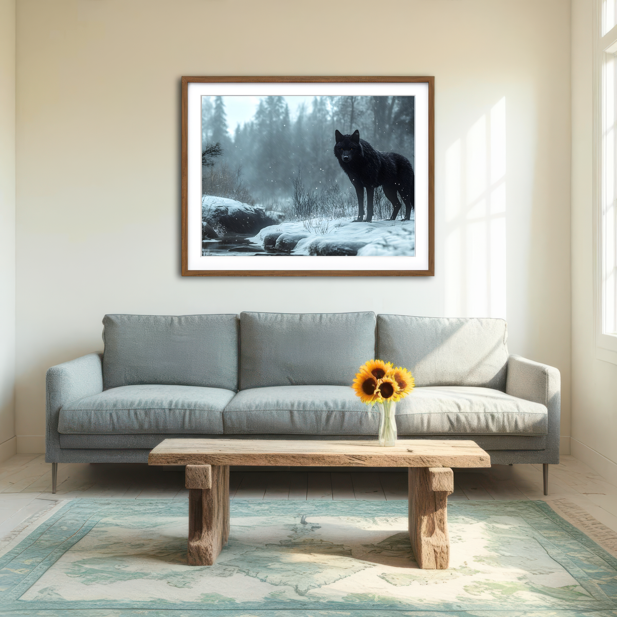AUTO-MOCKUP ROOM | Black Wolf in Snowy Forest Wall Art