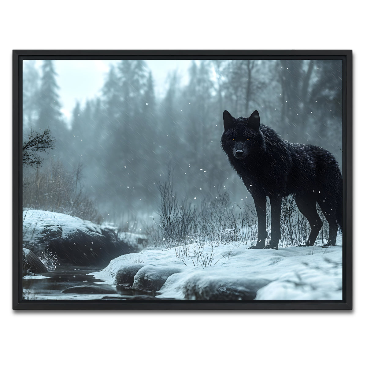 AUTO-MOCKUP WHITE | Black Wolf in Snowy Forest | 1 Piece | Black Framed Canvas | group=4x3